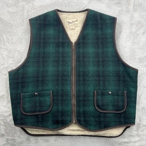Woolrich Wool Vest Mens XL Green Vintage Sherpa Lined Plaid Zip Cowboy Western - Picture 1 of 18