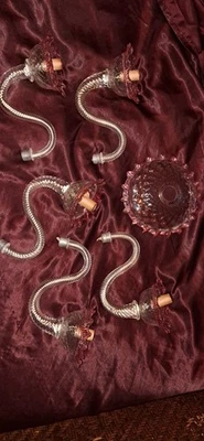 PIEZAS DE ARAÑA ROSA MURANO VINTAGE - 5 BRAZOS REMOLINADOS CON FLORES Y BASE Foto 1 de 4