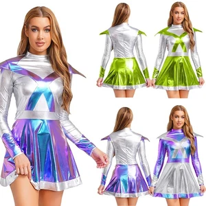 Womens Alien Robot Halloween Costume Long Sleeve Dress Metallic Shiny Party - Picture 1 of 42