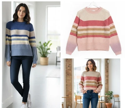 Ladies Marks Funnel Neck Jumper Long Sleeve Pink Blue Striped  Knit Soft Sweater - Image 1 of 4