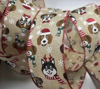 "Cinta con cable para perros de Navidad 2,5"" x 10 yardas rojo brillo nuevo cachorros navideños natural" Foto 1 de 4