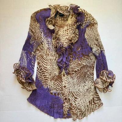 NUEVA DIRECCIÓN Blusa Top Pequeña Vintage Plisada Estampado Animal Volantes Frontales Foto 1 de 4