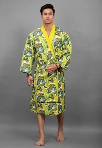 Palmera Hoja Estampado Hombre Bata Baño Playa Cuello Chal Algodón Albornoz Indio - Imagen 1 de 7