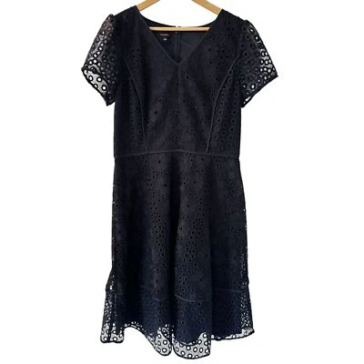 Talbots Navy Blue Floral Lace Lined Short Sleeve V-Neck Fit Flare Dress Size 12 - Image 1 of 4