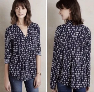 Maeve  Anthropologie Women's Size 2 Blue Wynwood Parrot Shirt Blouse Top Casual - Picture 1 of 8