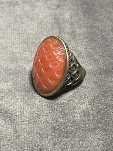 Vintage Drachenschuppen Glas Bronze Ring 8 Karneol Kunst Boho Koralle Siegelring - Bild 1 von 9