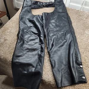 BARNEY'S Leather Chaps Men’s XL Black Genuine Leather Harley Motorcycle Riding - Picture 1 of 7