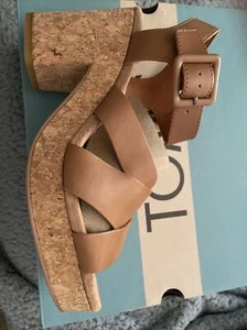 TOMS Ava Platform Heeled Strappy Sandal Women’s Size 8.5 Tan Leather Brand New - Picture 1 of 4