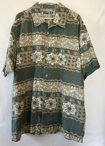 Bugle Boy Men's Vtg Sz XL Green Button Up Shirt Hawaiian Flowers S/S Ramie HOLE - Picture 1 of 9