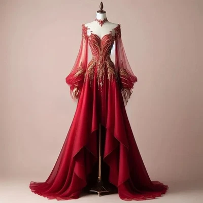 A-line V-Neck Red Wedding Gowns With Gold Embellished Tulle Long Sleeve - Image 1 of 4