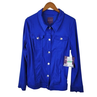 NOVO Casaco Jeans Gloria Vanderbilt Jersey Tamanho Grande Elástico Azul Royal - Imagem 1 de 4