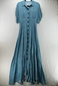 Free People Rowan Maxikleid Gr. XS Knopfleiste Gürtel Kurzarm gestreift blau - Bild 1 von 18