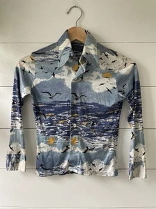 Vintage Boys Size 8 Button-up Shirt - 70's Colorful Print Nylon Long Sleeve - Picture 1 of 11