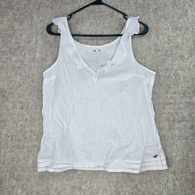 Camiseta sin mangas Hollister blanca a rayas con cuello en V grande 100 % algodón detalle de encaje Foto 1 de 4