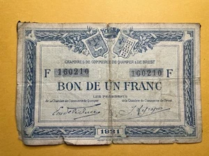 1921 Bon de Un Franc Quimper-Brest France Chamber of Commerce Note - Picture 1 of 2