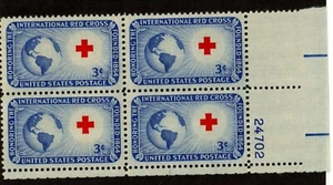 Scott 1016 3¢ Red Cross Plate Block of 4 MNH Free Shipping - Picture 1 of 1