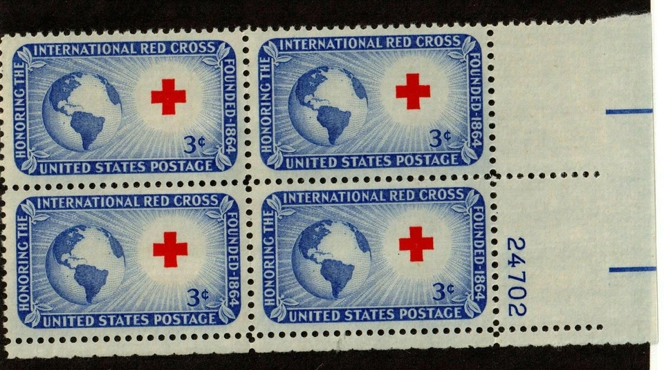 Scott 1016 3¢ Red Cross Plate Block of 4 MNH Free Shipping - Image 1 of 1