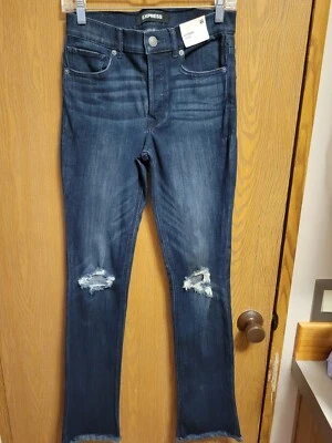 NWT $80 Slim Cut Jeans By EXPRESS  Sz 4R-Long. Blown Out Knees, Frey Hem - Image 1 of 4