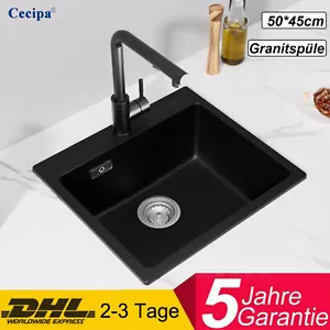 Granitspüle Küchenspüle Einbauspüle Spülbecken mit Ablauf-Set 50x45cm Anthrazit - Bild 1 von 11