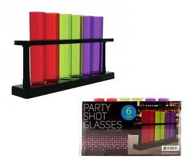 6 Multi Color Test Tube Bar Shot Glass Shatter Proof Shooter Party W/ Rack Stand • 11.75£
