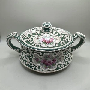 Antike Moriage Nippon handbemalte Zuckerdose bedeckt Keksschale Kohlrose - Bild 1 von 12