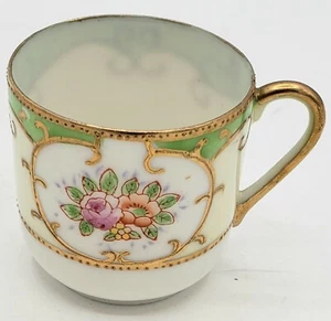 Occupied Japan Fine Porcelain Green Expresso Cup Beaded Gold gilt color flowers - Picture 1 of 11