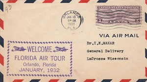 1932 FFC Welcome Florida Air Tour Orlando Florida, 5c C12 Airmail stamp - Picture 1 of 2