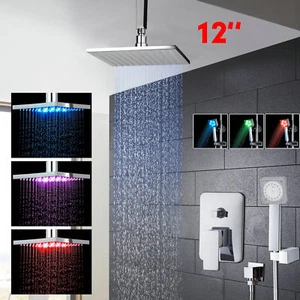 12"LED Bathroom Rain Shower Head Chrome Hand Shower Faucet Set Ceilling Mounted - Picture 1 of 9