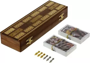 Ajuny Traditonal Wooden Cribbage Board Game with Metal Pegs and Playing Cards - Picture 1 of 7