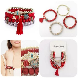 SET BRACCIALE DONNA BRACCIALETTO DONNA PIETRE EMATITE MODA ROSSO NERO - Foto 1 di 23