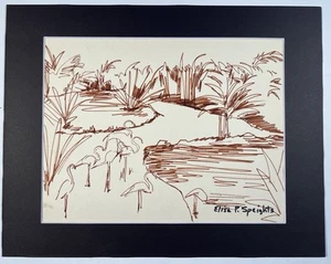Vtg Flamingos In Jungle Scene Ink Drawing 14x11” Elise Speights Folk Art 🦩 - Picture 1 of 9