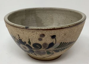 Vintage Tonola Stone Mexican Folk Art Pottery Bowl Blue Floral Netzi - Picture 1 of 11