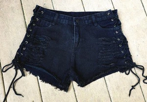 Side Lace-Up SEXY Denim Shorts Cut-Off Distressed Frayed Y2K Grunge Festival 32" - Picture 1 of 15