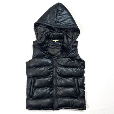 Gianni Bini Puffer 背心女式人造皮革连帽黑色 Gorpcore S 码 — 第 1/4 张图片
