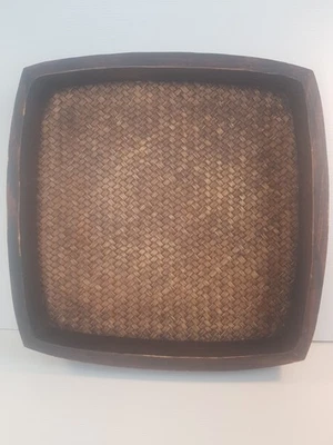 Wooden Vintage Woven Bamboo Storage Tea Coffee Serving Tray Size 28x28cm Square  - Image 1 of 4