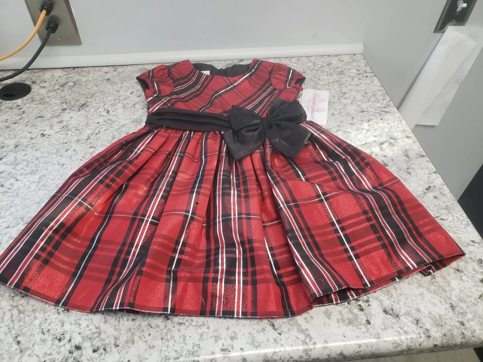 Vestido a cuadros para niñas 3/3T con lazo negro Macy's Bonnie Jean traje de vacaciones Foto 1 de 4