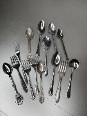 Винтажная мини серебряная соляная мини-ложка и мини-вилка штампованная нержавеющая сталь лот из 14 - Изображение 1 из 4