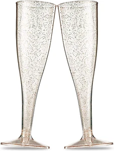 100 Plastic Champagne Flutes - Disposable Champagne Flute - Gold Glitter Plastic - Picture 1 of 10