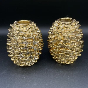 Pinecone Taper Candle Holders - Shiny Gold Holiday Fall Decor Pine Tree - Picture 1 of 6