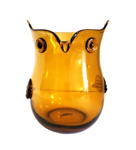 Pier 1 Large Amber Hand Blown Glass Owl Pitcher Vase 7.5" Tall. - Picture 1 of 5