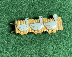 Vintage Brass Enamel Hair Clip Barrette Duck Family - Picture 1 of 5