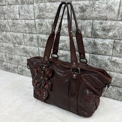 Bolso de Mano Miu Miu Años 90 Archivo Flor - Bolso de Hombro de Cuero Marrón, Estilo Vintage Foto 1 de 4