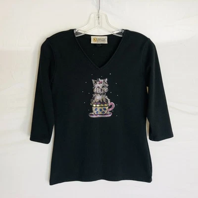 Camisa top vintage Christine Alexander para mujer talla pequeña estrás perro Foto 1 de 4