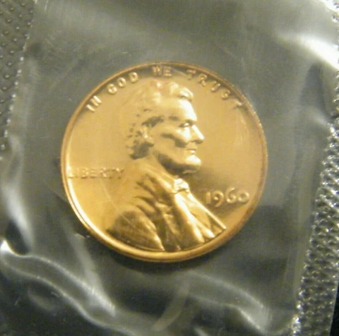 1960 Gem Proof Large Date Lincoln Memorial Penny US Cent Coin in Original Cello Cover