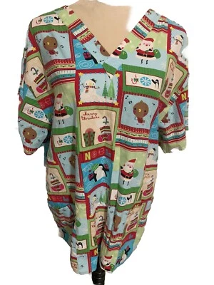 Dickies Christmas Scrub Top Santa Penguins & More Size 1X - Image 1 of 4