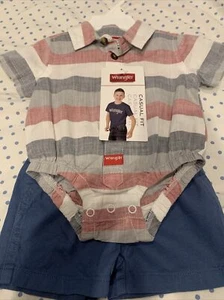 WRANGLER Baby Boys Infants 3M 2 Piece Set Outfit Button Shirt Blue Shorts - Picture 1 of 6