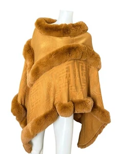 Faux Fur Cape Poncho Mustard Brown Collar Shawl Coat Wrap 1 Size Retail $199 NWT - Picture 1 of 13