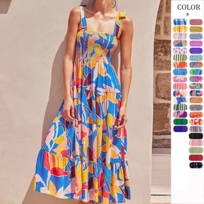 Maxi vestido de verano 2025, sin mangas de cercanías, estampado con tirantes largos para mujer Foto 1 de 4