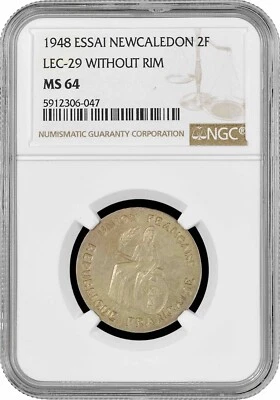 New Caledonia 2 francs 1948, NGC MS65 ESSAI, "LEC-27, REISED RIM" Top Pop 1/0 - Image 1 of 2