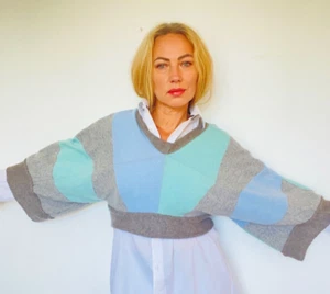 Haut pull patchwork cachemire pur SLOW S/M/L bleu gris fait main cropped 721 - Photo 1/14